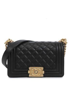 Chanel Boy Black Gold Lambskin Small Quilted 20 Shoulder Bag